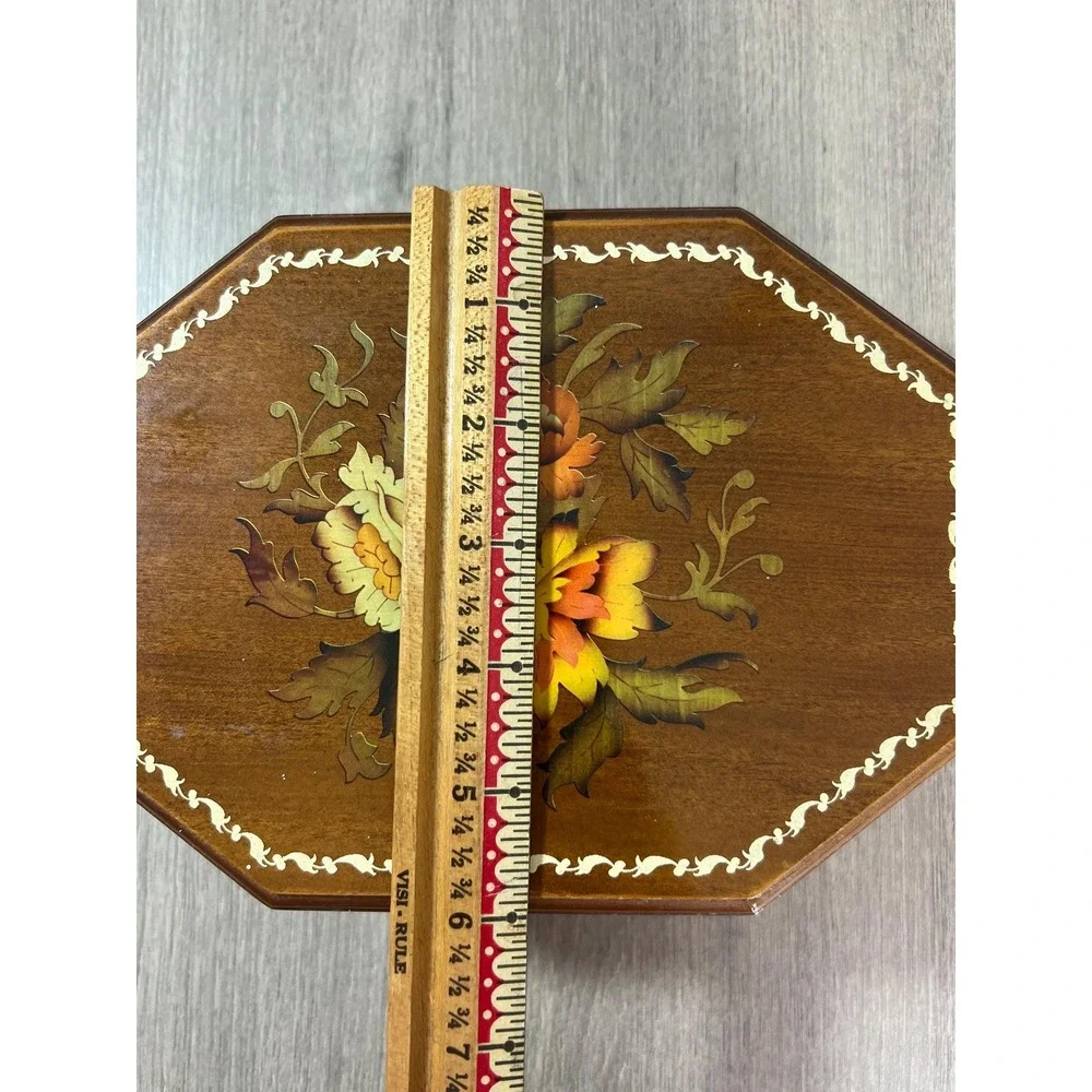 Vintage 1970s Wooden Octagonal Painted Flower Jewelry Box With Mirror 8x6x2.5